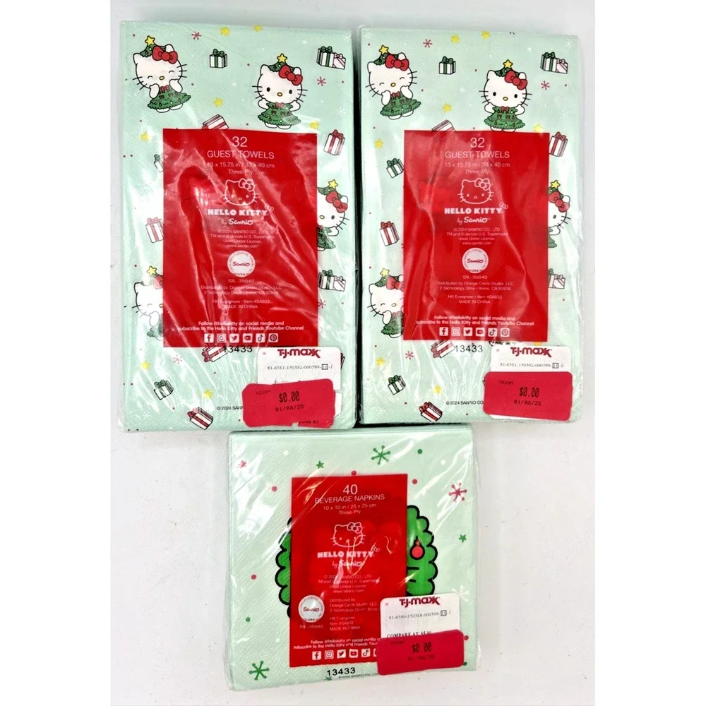 Hello Kitty Christmas‎ Napkins Towels Wreath Turquoise Holiday 40/32 Lot Of 3